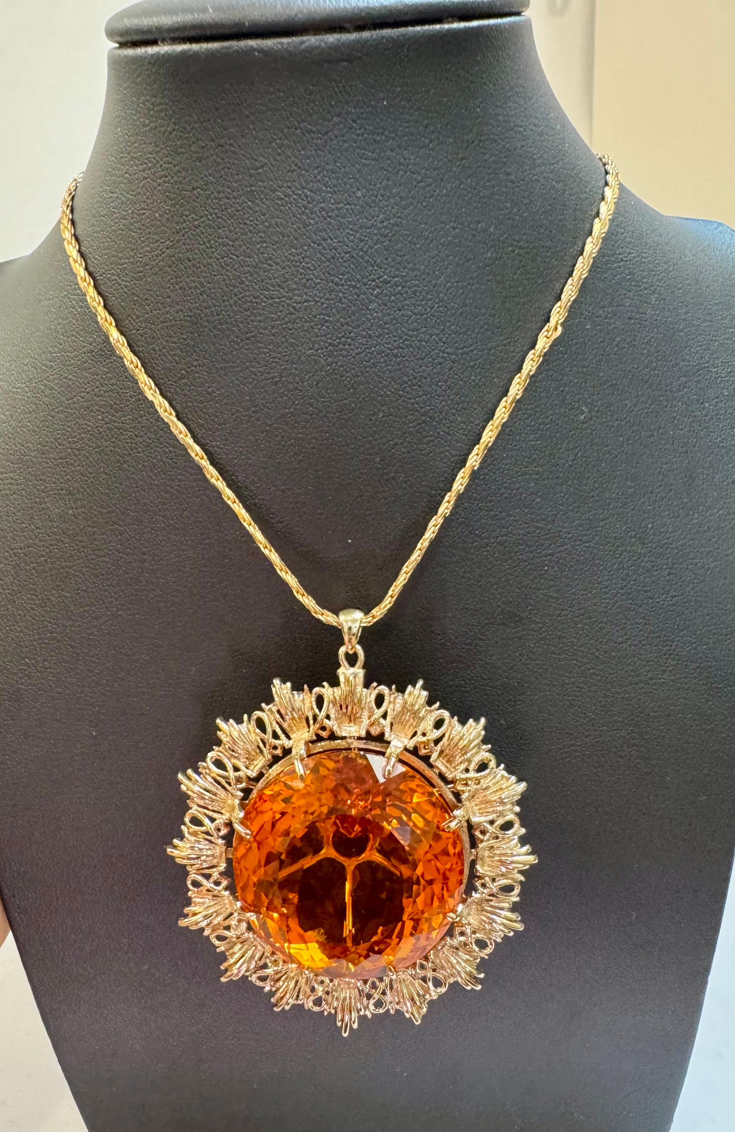 Round Cut Vintage 150 Ct Round Shape Citrine Pendent  14 Kt Yellow Gold with Chain Italy For Sale