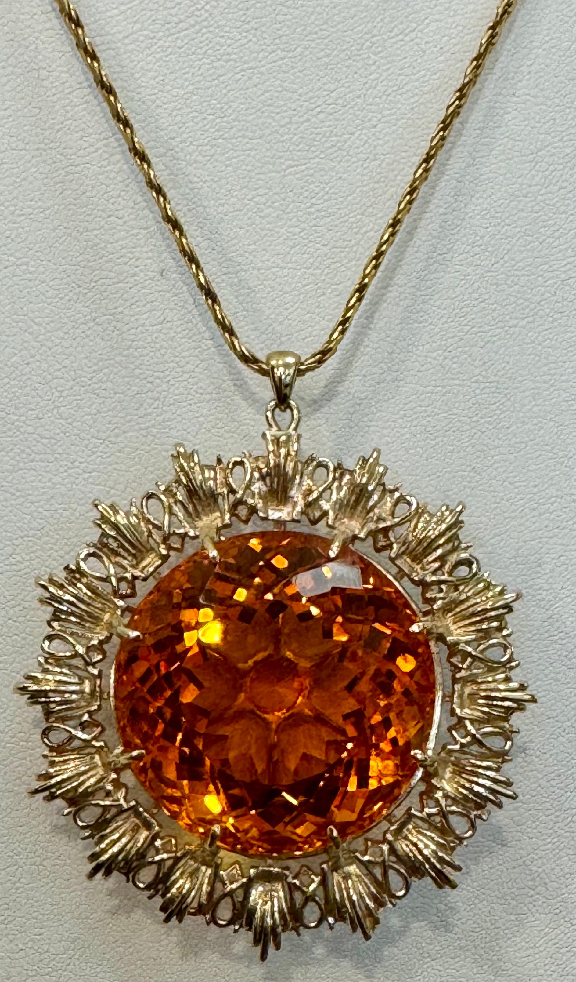 Women's Vintage 150 Ct Round Shape Citrine Pendent  14 Kt Yellow Gold with Chain Italy For Sale