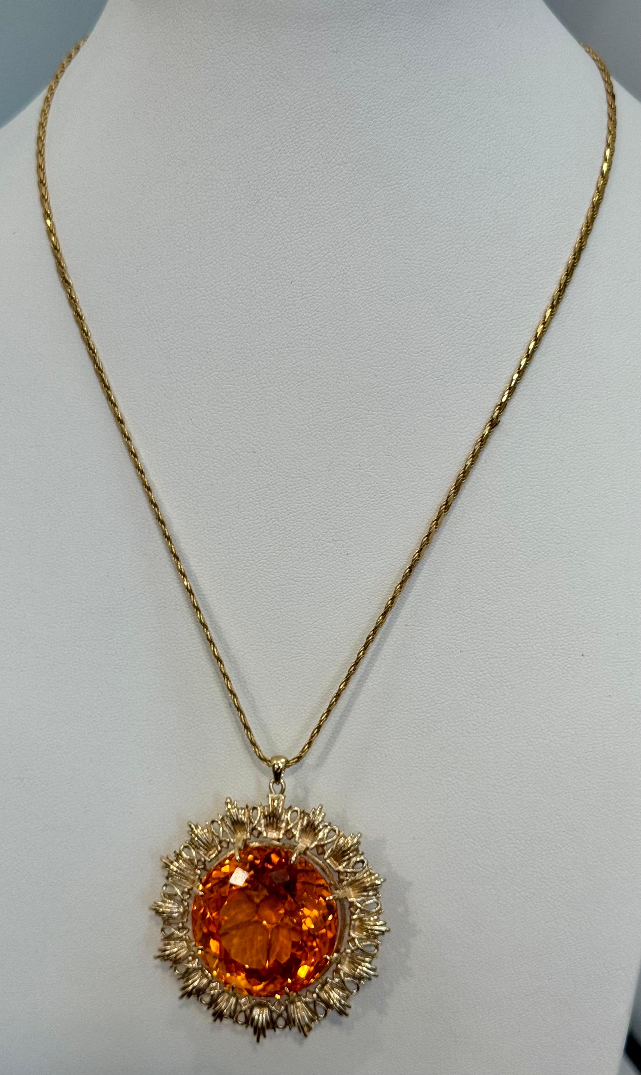 Vintage 150 Ct Round Shape Citrine Pendent  14 Kt Yellow Gold with Chain Italy For Sale 4