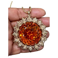Vintage 150 Ct Round Shape Citrine Pendent  14 Kt Yellow Gold with Chain Italy