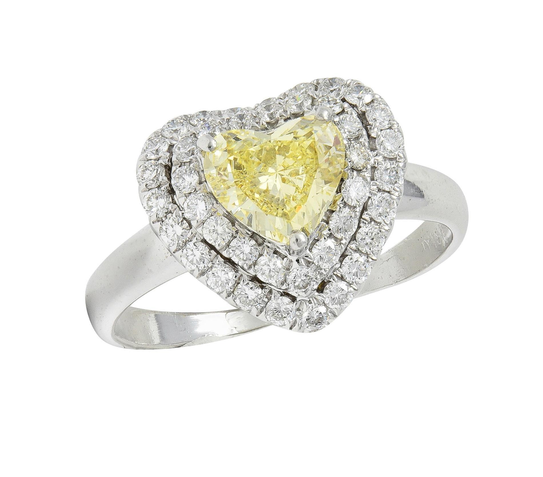 Vintage 1.50 CTW Fancy Light Yellow Heart Diamond 18 Karat Gold Halo Ring GIA For Sale 5