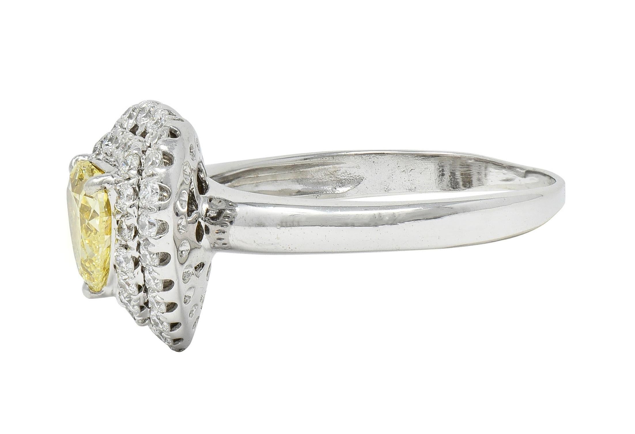 Vintage 1.50 CTW Fancy Light Yellow Heart Diamond 18 Karat Gold Halo Ring GIA For Sale 2
