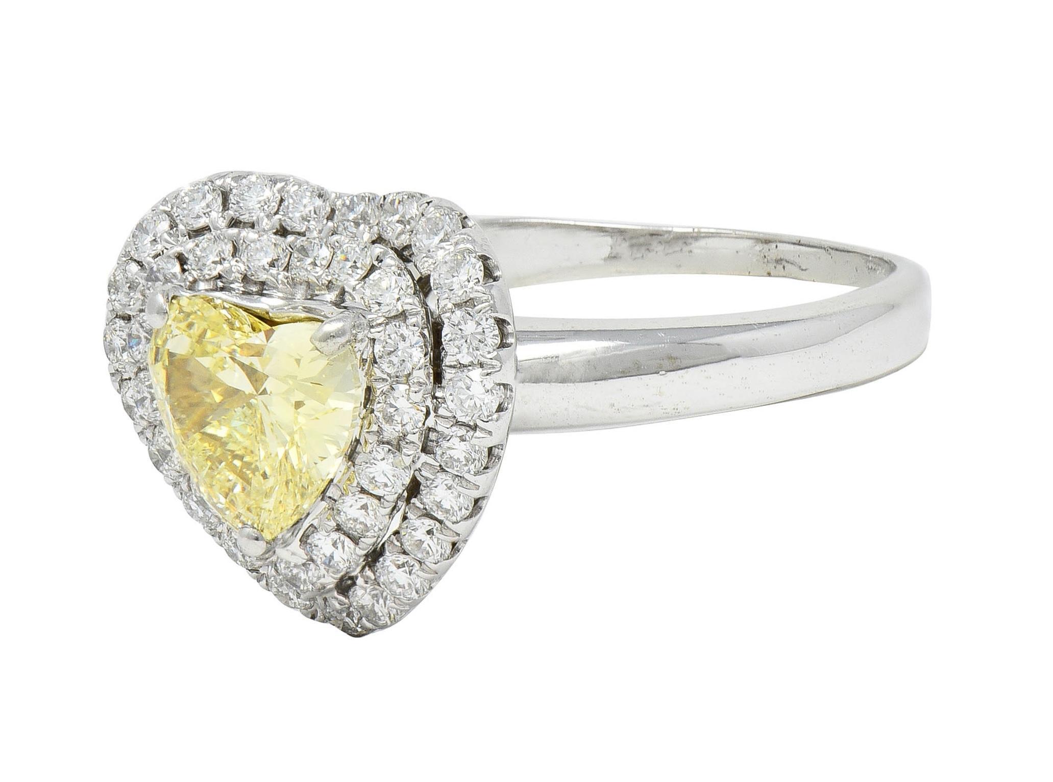 Vintage 1.50 CTW Fancy Light Yellow Heart Diamond 18 Karat Gold Halo Ring GIA For Sale 3