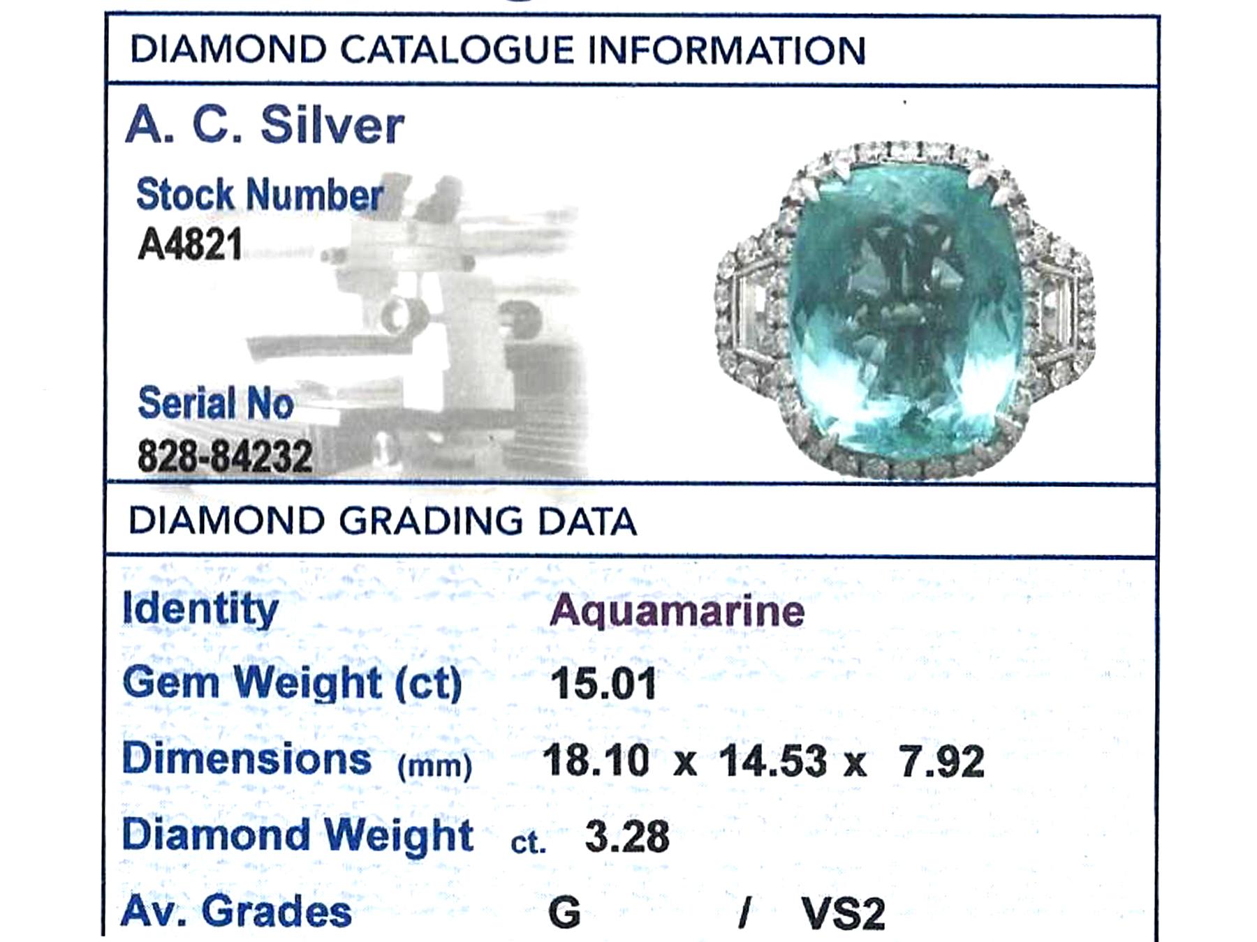 Vintage 15.01 Carat Aquamarine and 3.28 Carat Diamond Gold Cocktail Ring 2