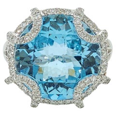 Vintage 15.02 Carat Blue Topaz Diamond Cocktail Ring in 18 Karat White Gold