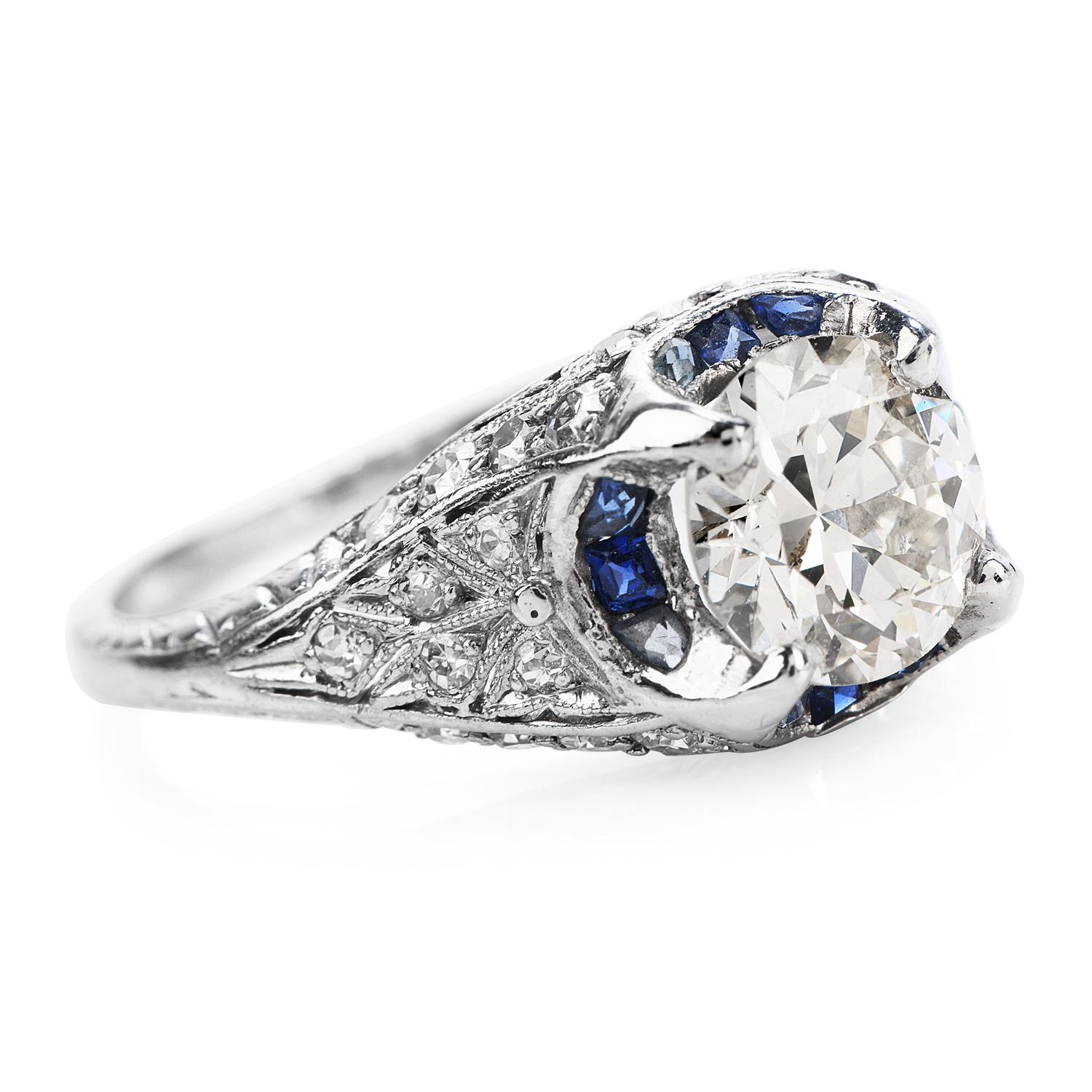 Art Deco Vintage 1.50ct Diamond Blue Sapphire Platinum Halo Engagement Ring