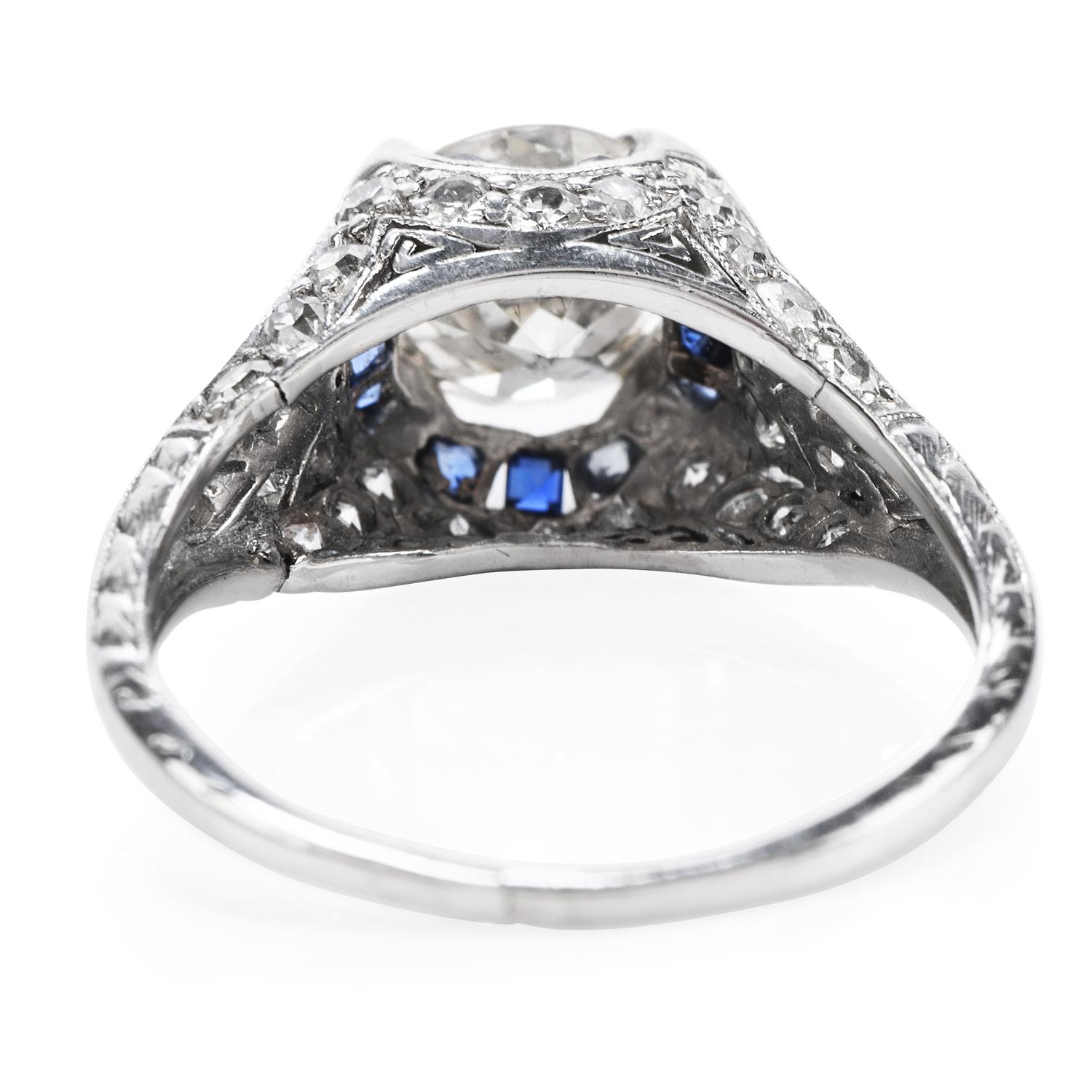 Vintage 1.50ct Diamond Blue Sapphire Platinum Halo Engagement Ring In Excellent Condition In Miami, FL