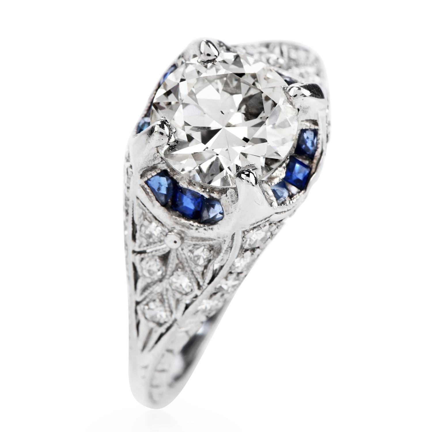 Women's or Men's Vintage 1.50ct Diamond Blue Sapphire Platinum Halo Engagement Ring
