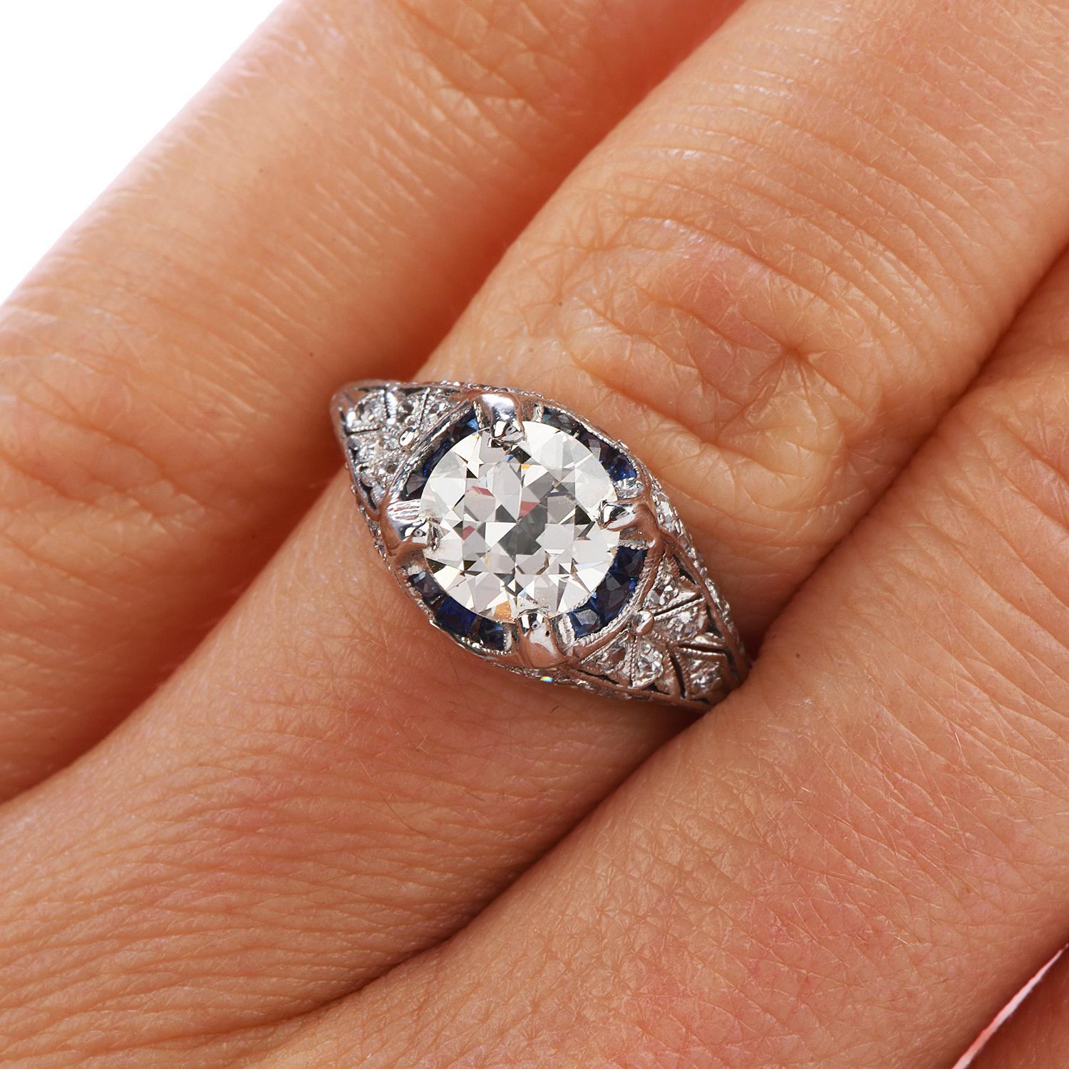 Vintage 1.50ct Diamond Blue Sapphire Platinum Halo Engagement Ring 1