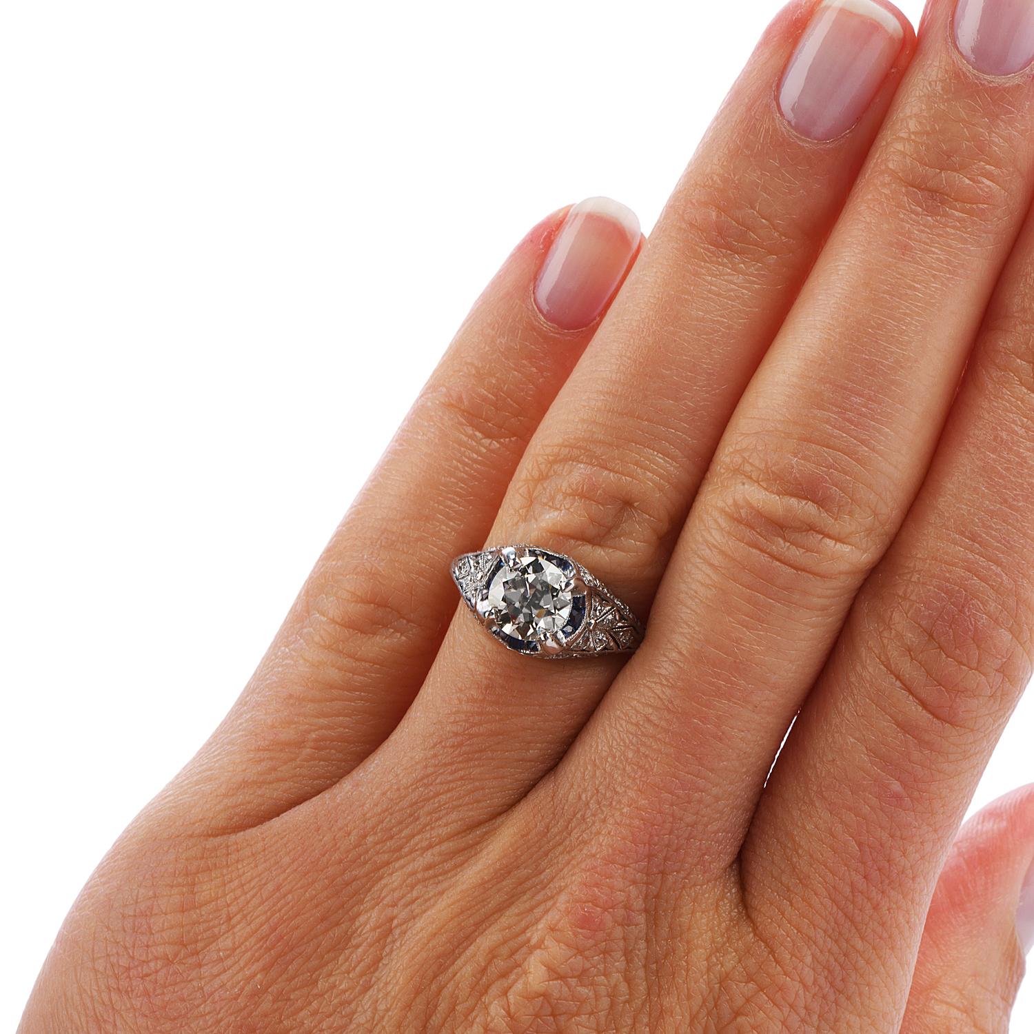 Vintage 1.50ct Diamond Blue Sapphire Platinum Halo Engagement Ring 2