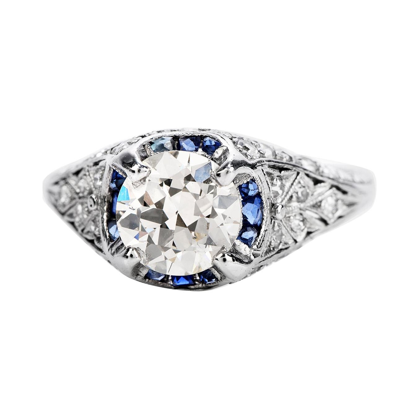 Vintage 1.50ct Diamond Blue Sapphire Platinum Halo Engagement Ring