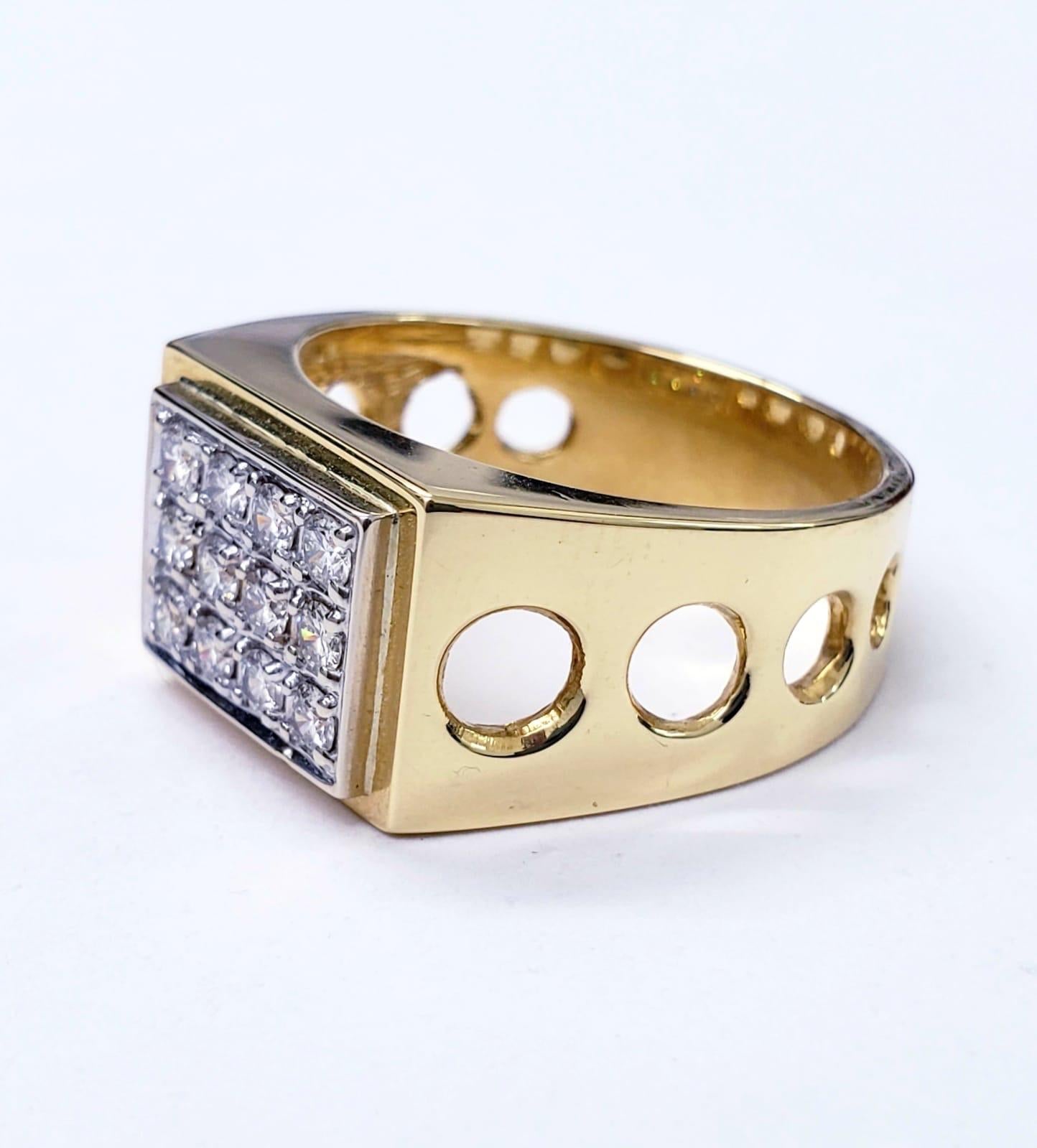 Vintage 1.50ct Diamond Square Design Statement 14k Gold Ring. The ring features 12 round cut high color high clarity diamonds approx total weight 1.50 carats. The ring is a size 12. The ring measures 17mm X 13mm. The ring weights 14.3 grams of 14k