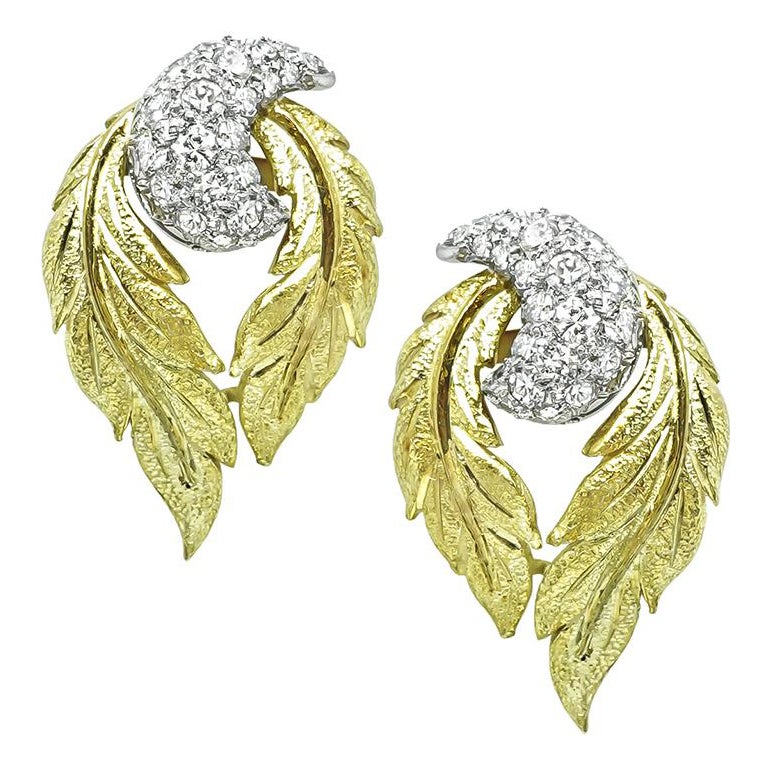 Vintage 1.50ct Diamond Two Tone 18k Gold Earrings en venta