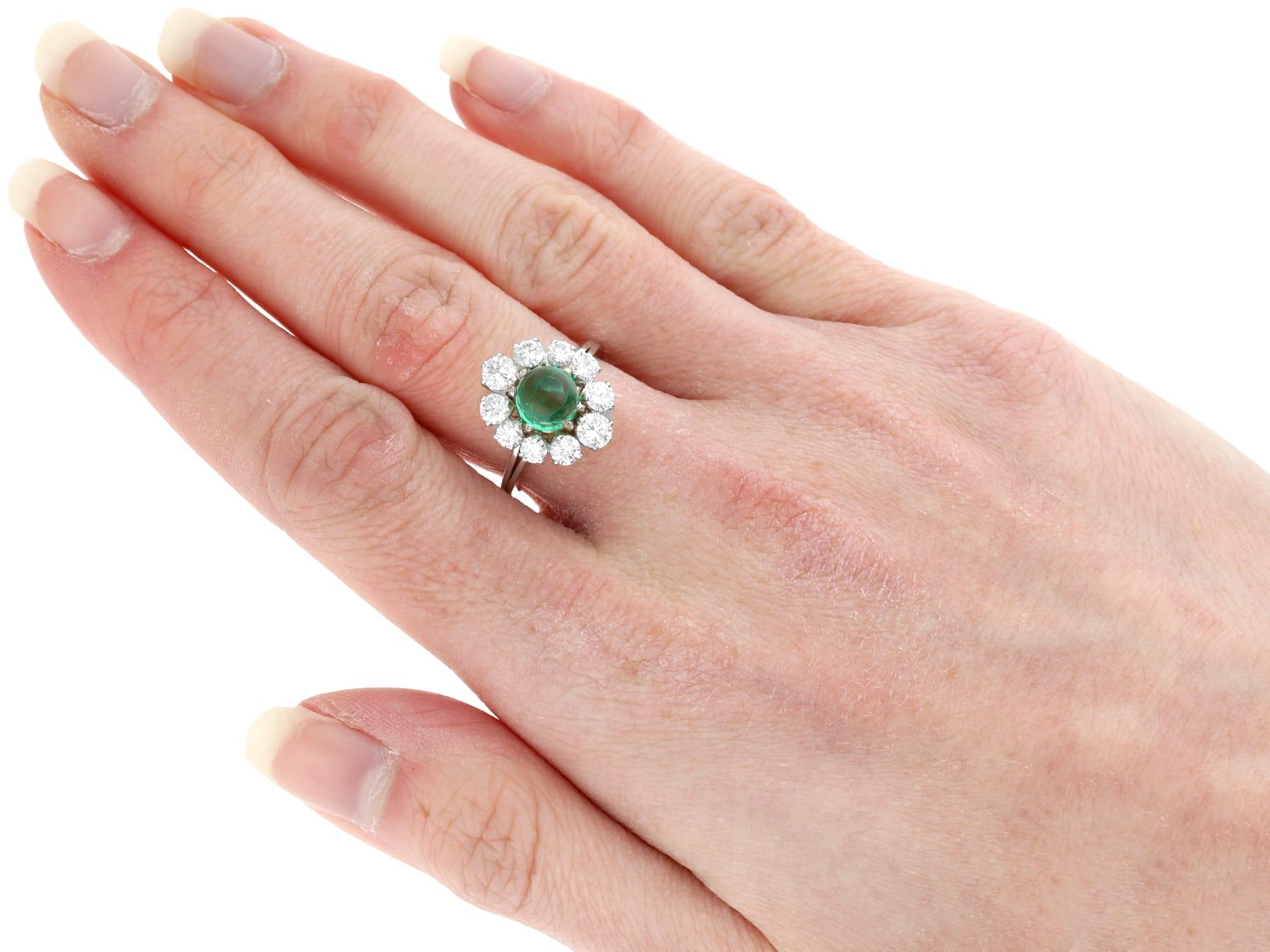 Vintage French 1.50ct Emerald & 2.40ct Diamond 18k White Gold Cluster Dress Ring For Sale 3