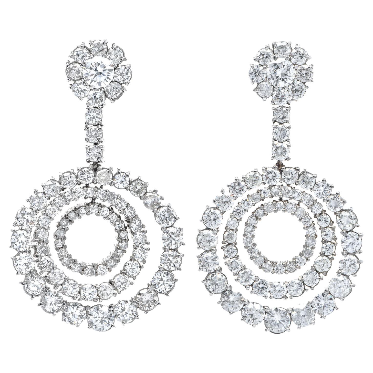 Vintage 15.20cts Diamond Dangle Circular Chandelier Platinum Earrings