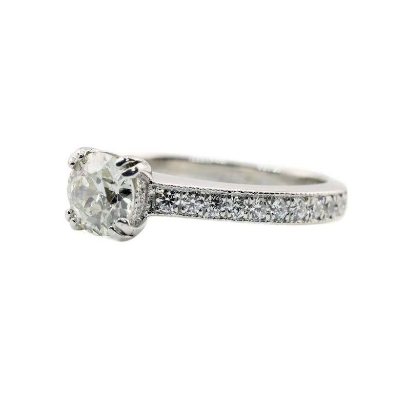 Vintage 1.52ctw Old European Cut Diamond Hidden Halo Engagement Ring in Platinum In Good Condition For Sale In Boston, MA