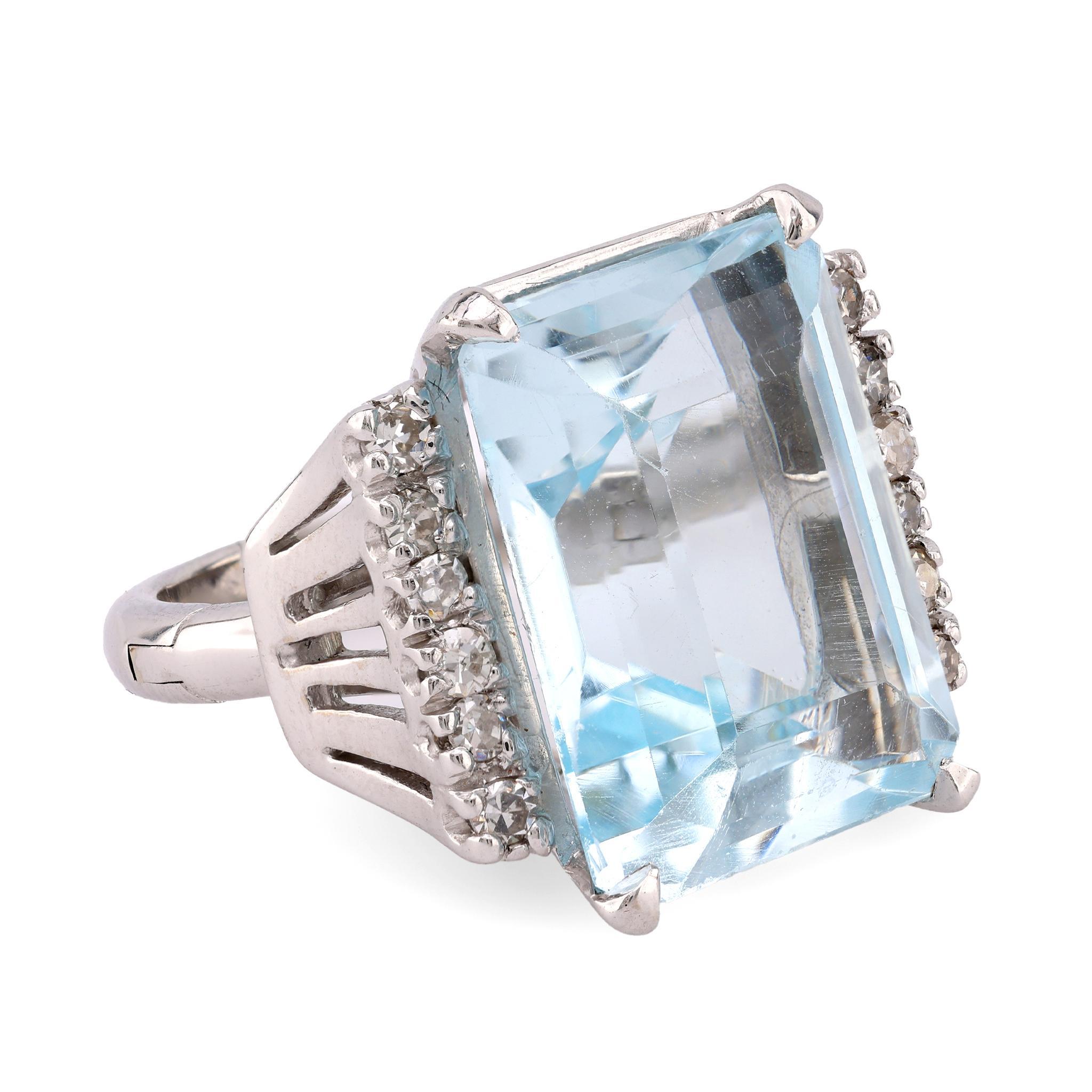 Emerald Cut Vintage 15.3 Carat Aquamarine Diamond 14K White Gold Cocktail Ring