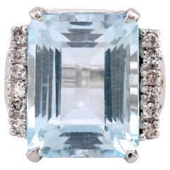Anello da cocktail d'epoca con acquamarina e diamante in oro bianco 14K da 15,3 carati