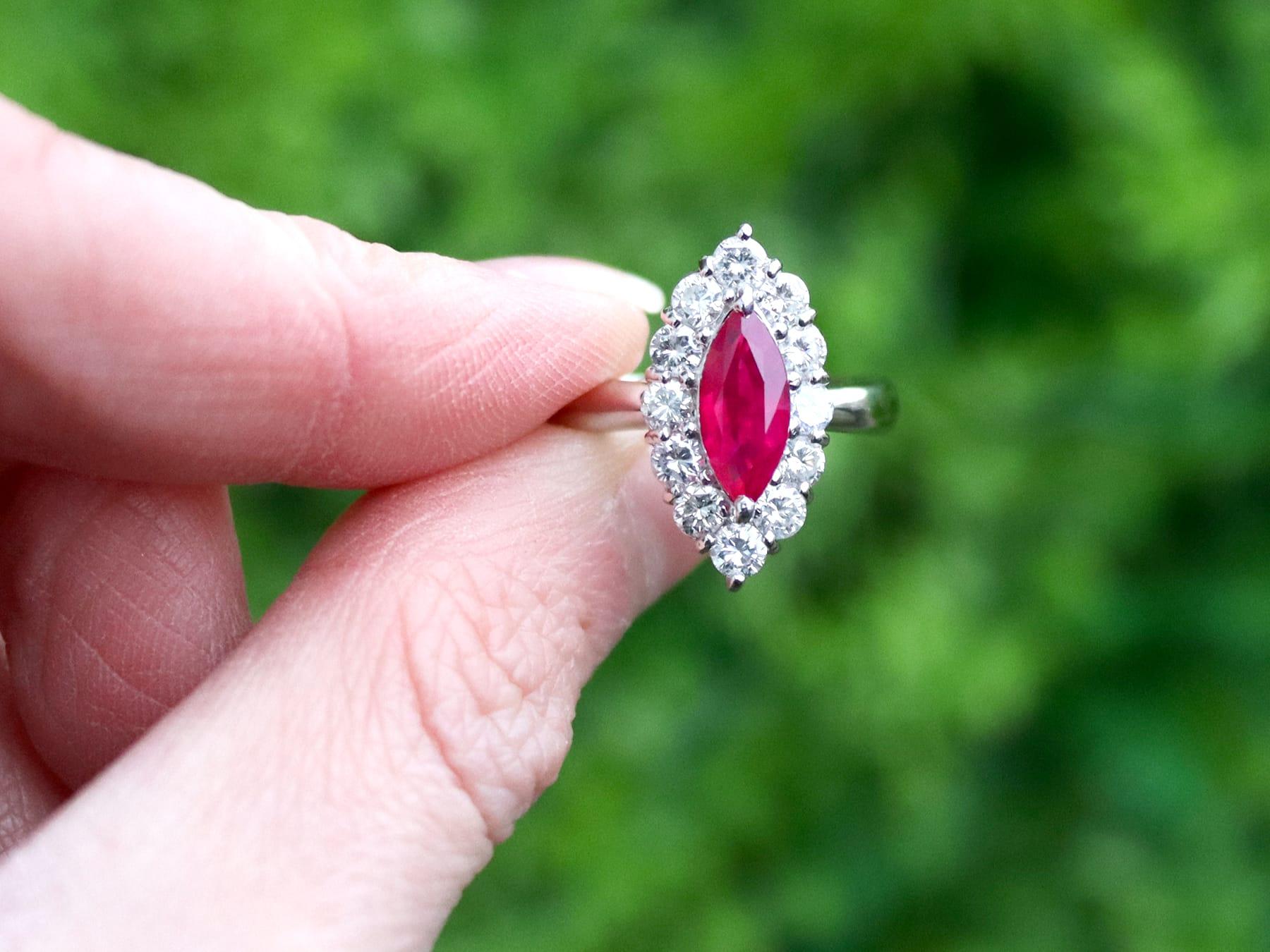 A stunning, fine and impressive vintage 1.53 carat ruby and 1.03 carat diamond, platinum dress ring; part of our vintage jewellery and estate jewelry collections

This stunning, fine and impressive vintage ruby engagement ring has been crafted in