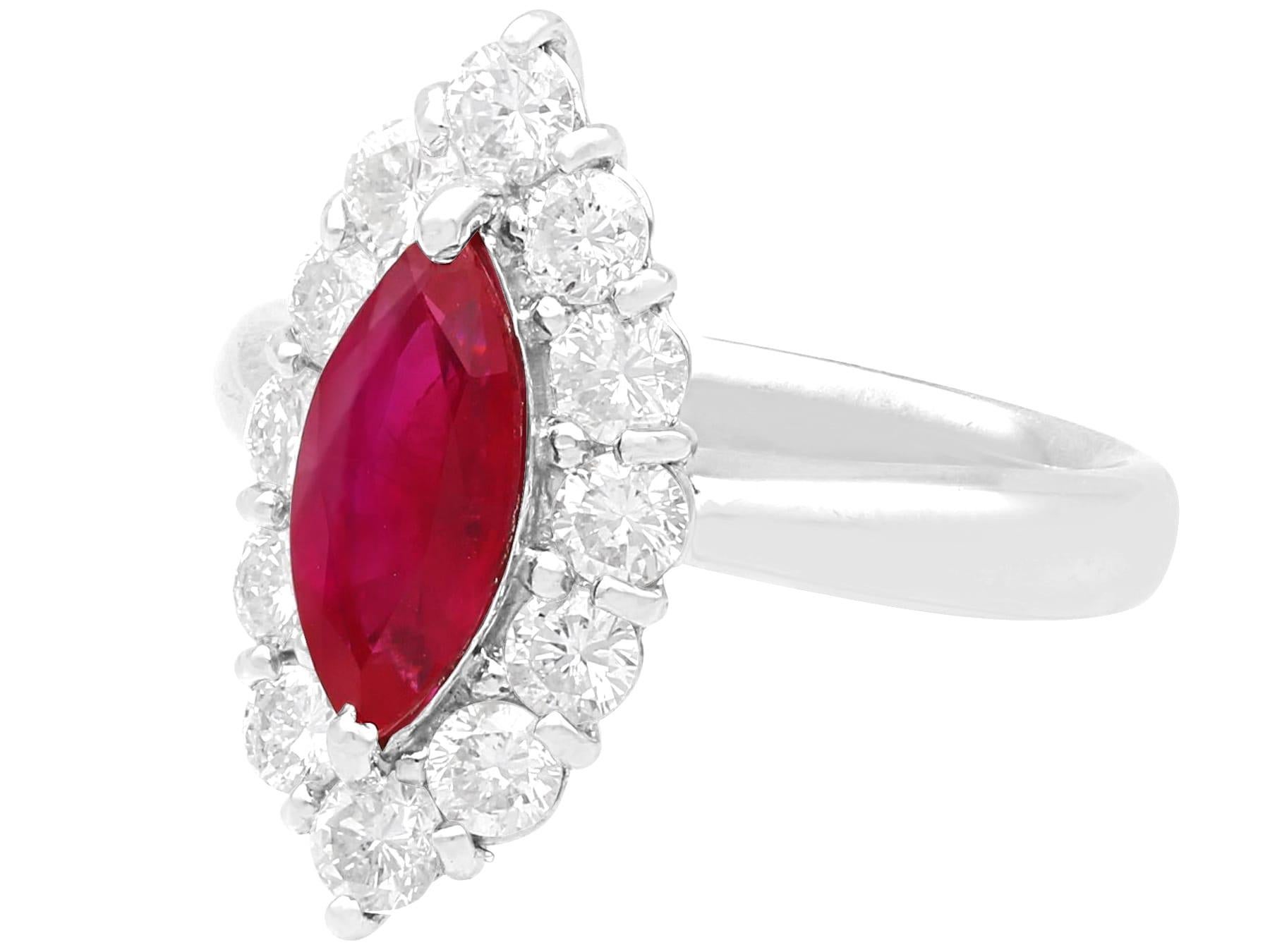 Marquise Cut Vintage 1.53 Carat Ruby and 1.03 Carat Diamond Platinum Dress Ring For Sale