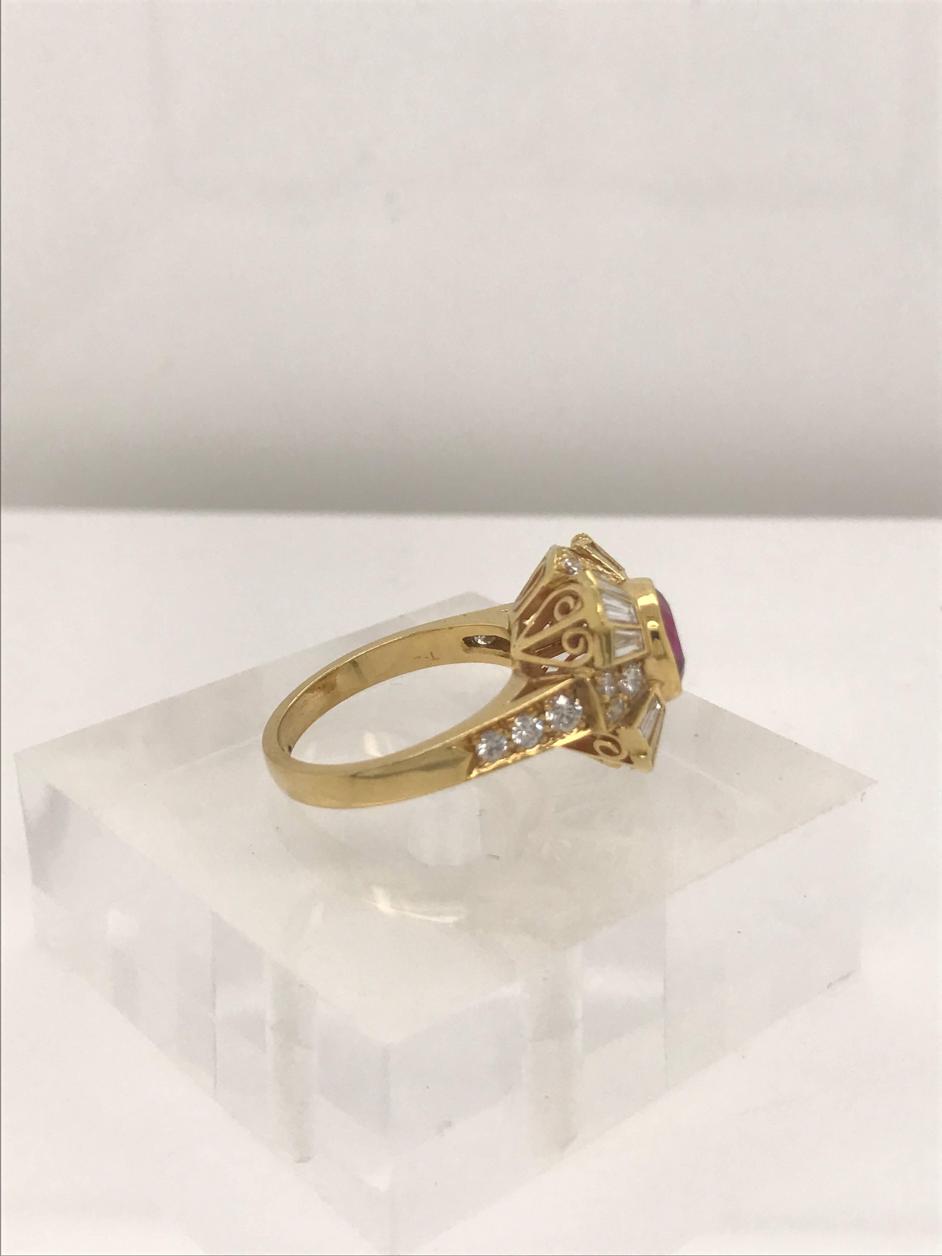 Vintage 1.53 Carat Ruby and Diamond Ring in 18 Karat Yellow Gold In Excellent Condition In New Orleans, LA