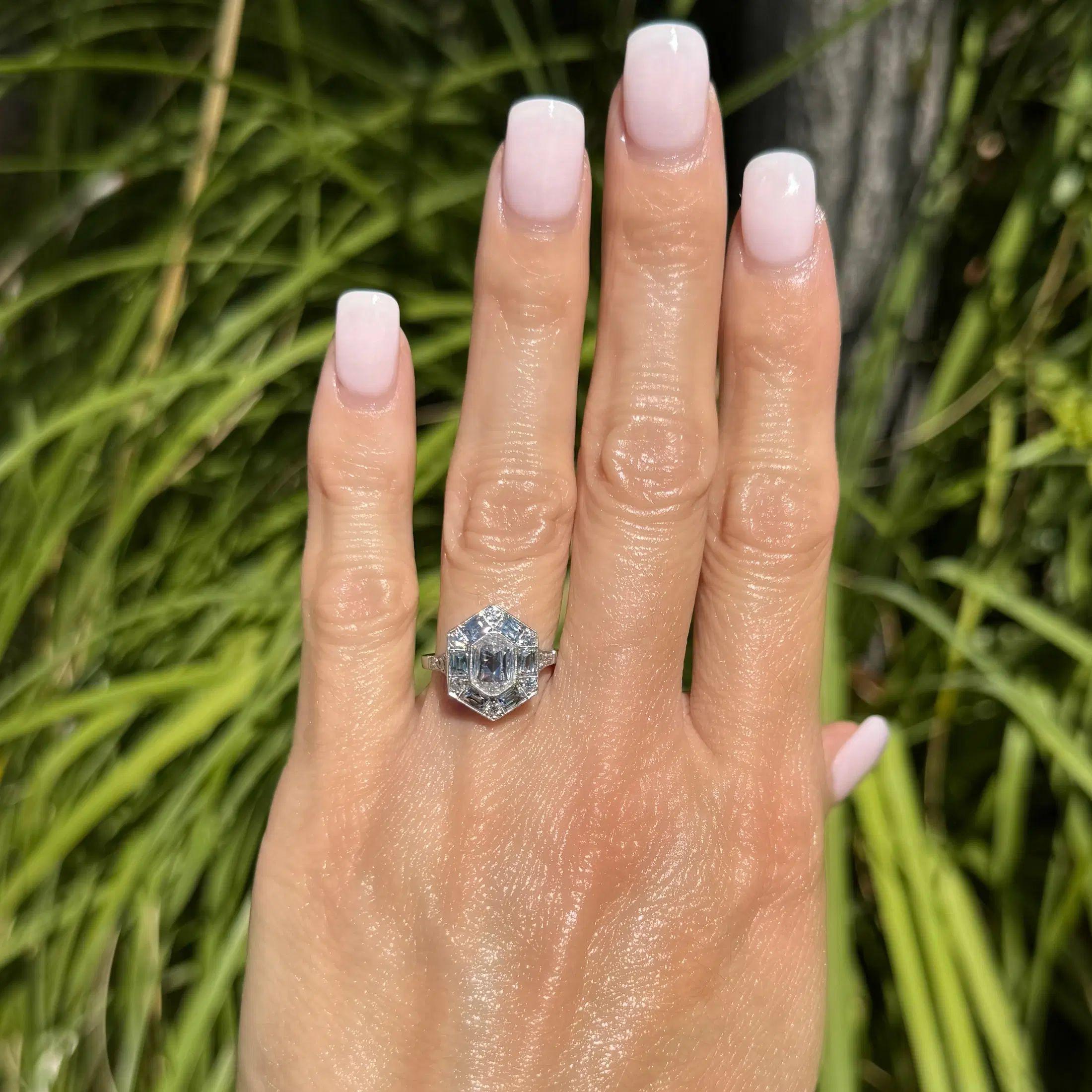 Modernist Vintage 1.54 Carat Octagonal Diamond GIA Platinum Filigree Statement Ring For Sale