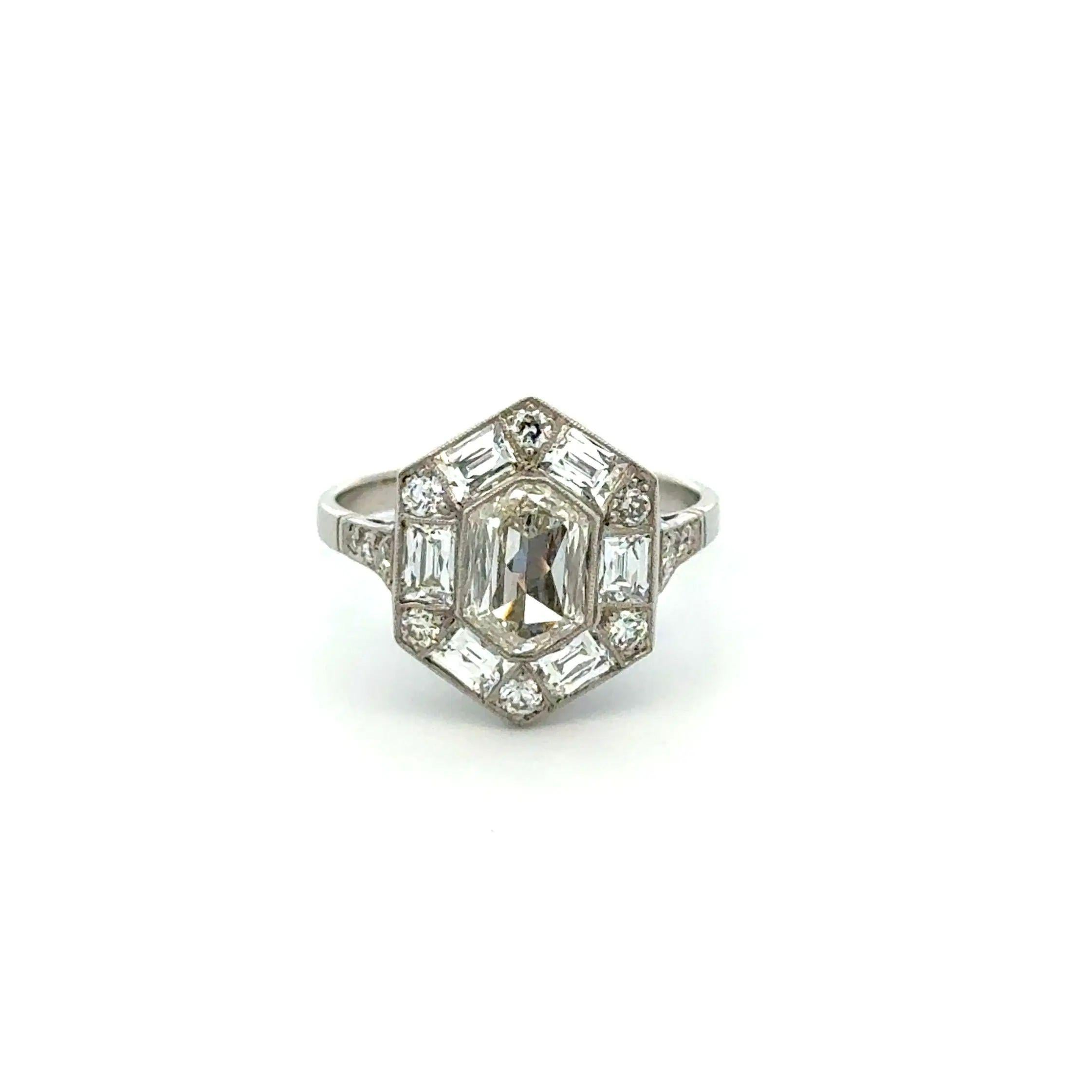 Octagon Cut Vintage 1.54 Carat Octagonal Diamond GIA Platinum Filigree Statement Ring For Sale