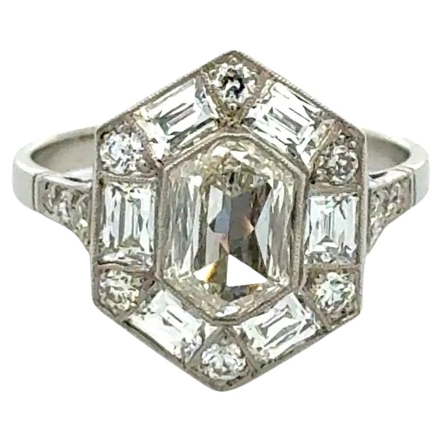Vintage 1.54 Carat Octagonal Diamond GIA Platinum Filigree Statement Ring For Sale