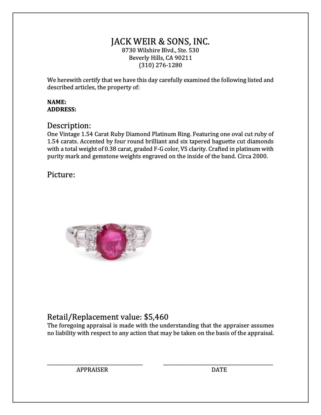 Vintage 1.54 Carat Ruby Diamond Platinum Ring For Sale 1