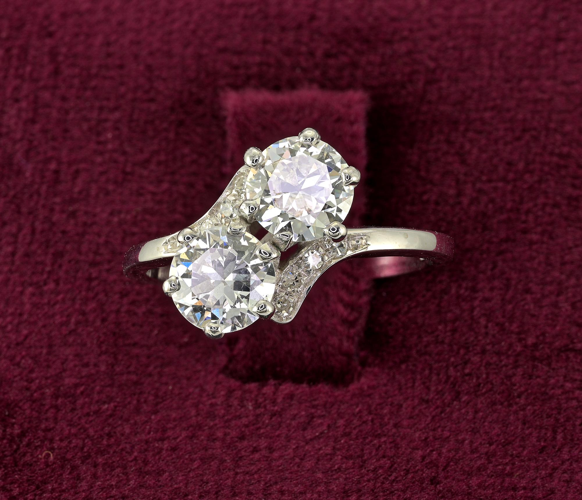 Dating back to the last century 1940, this classic double dazzler, hand fabricated in 18K white gold, features a pair of bright and shining old European-cut Diamonds, together totaling 1.55 carats – .75 Ct for one .76 Ct for the other
The