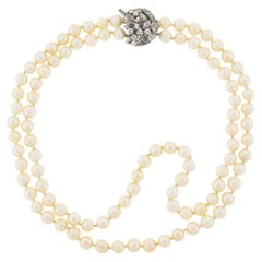 Vintage Double Strand Pearl Necklace & 18k White Gold Diamond Floral Clasp
