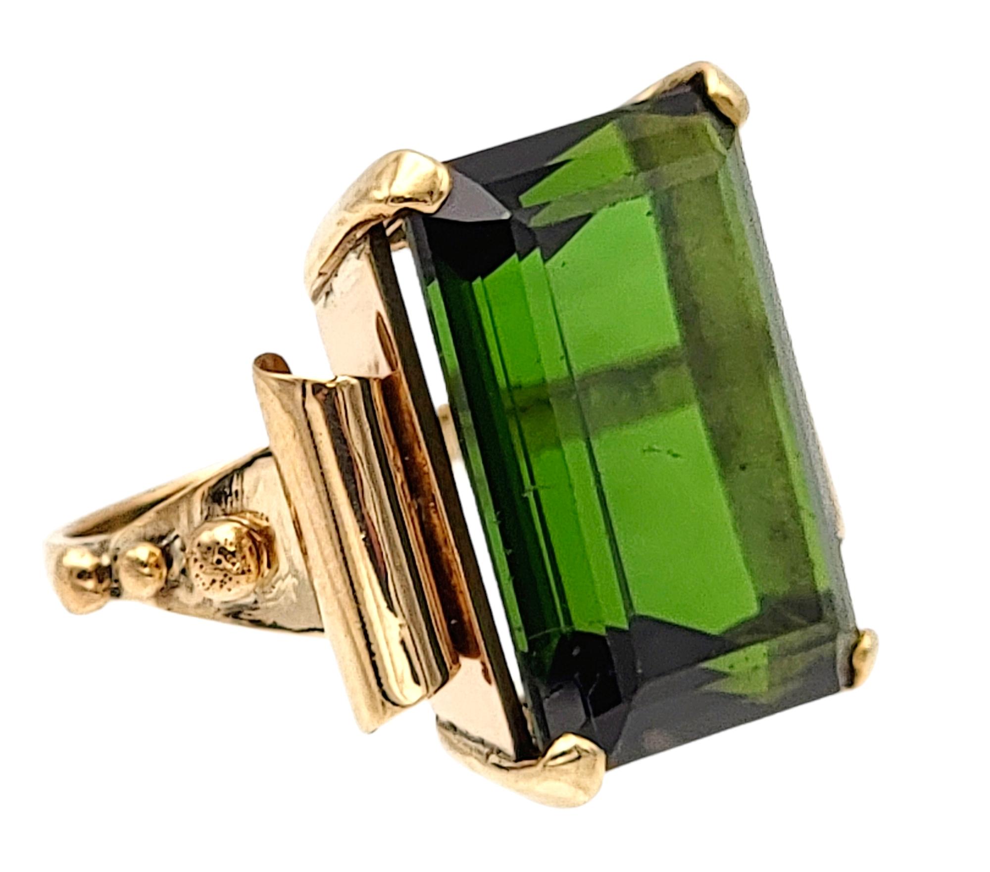Contemporary Vintage 15.58 Carat Emerald Cut Green Tourmaline Cocktail Ring in Yellow Gold For Sale