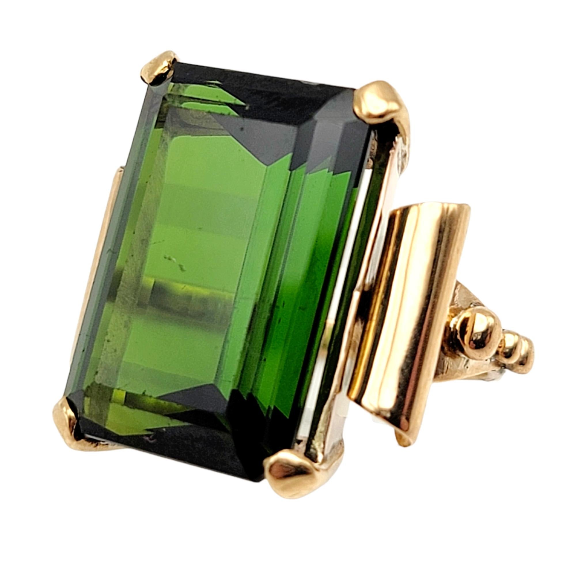 Vintage 15.58 Carat Emerald Cut Green Tourmaline Cocktail Ring in Yellow Gold In Good Condition For Sale In Scottsdale, AZ