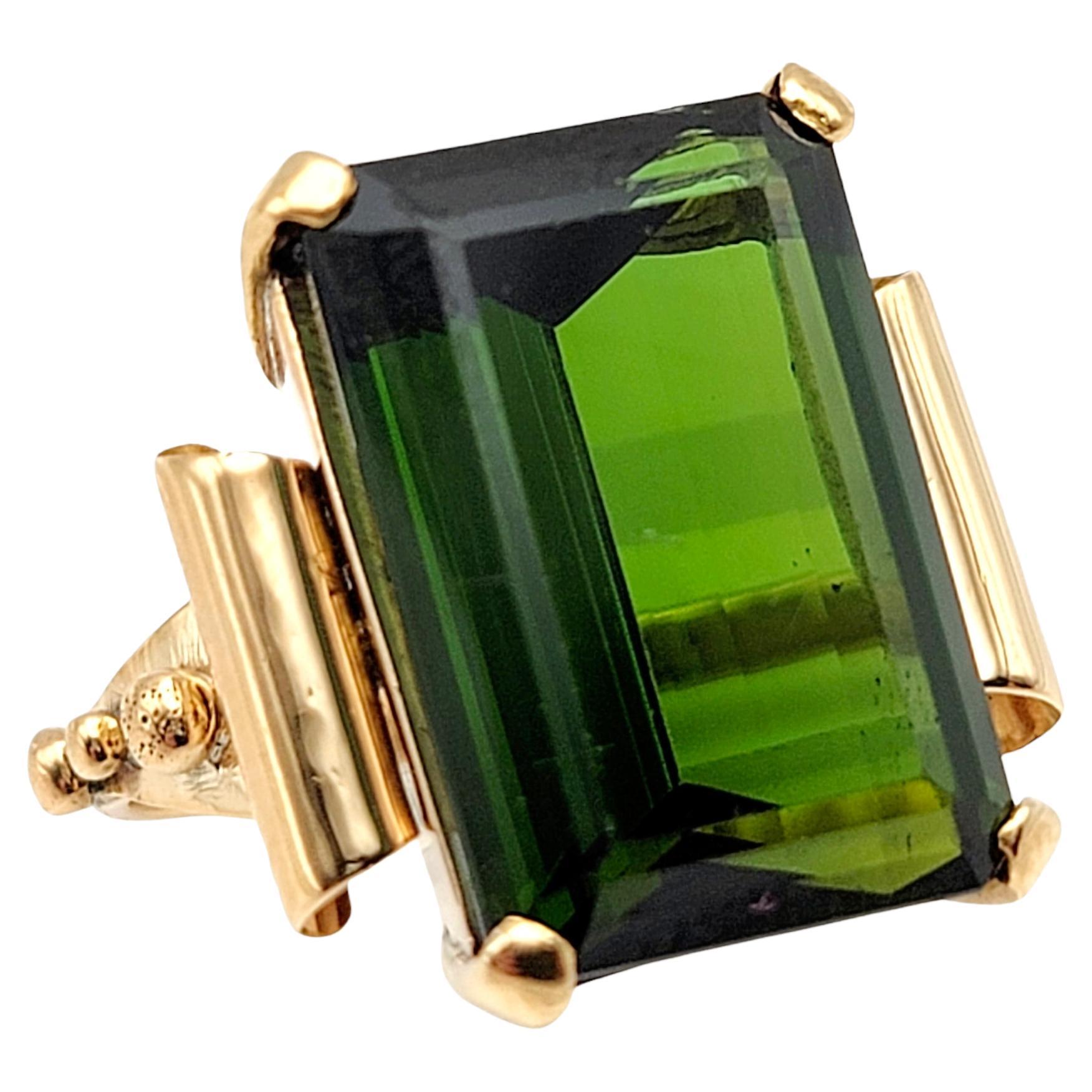 Vintage 15.58 Carat Emerald Cut Green Tourmaline Cocktail Ring in Yellow Gold For Sale