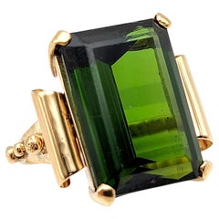 Vintage 15.58 Carat Emerald Cut Green Tourmaline Cocktail Ring in Yellow Gold