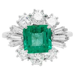 Vintage 1.55ct Emerald and Diamond 18 Carat White Gold Cluster Engagement Ring