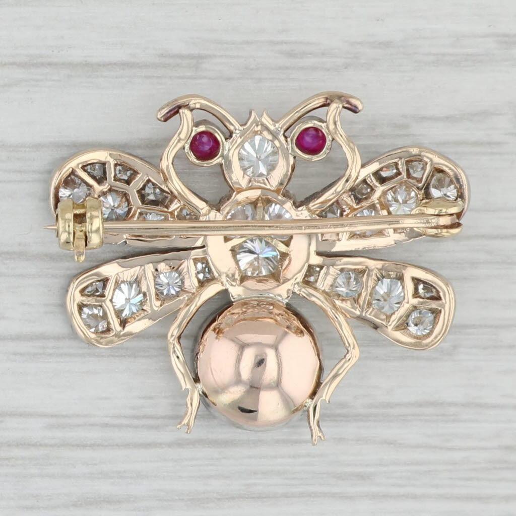 Round Cut Vintage 1.55ctw Gemstone Flying Insect Brooch 10k Gold Silver Diamond Ruby For Sale