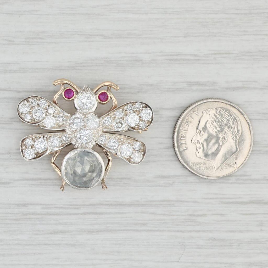 Women's Vintage 1.55ctw Gemstone Flying Insect Brooch 10k Gold Silver Diamond Ruby For Sale
