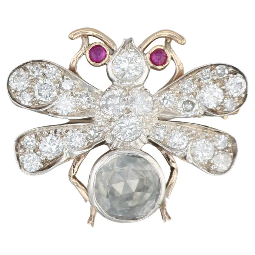 Vintage 1.55ctw Gemstone Flying Insect Brooch 10k Gold Silver Diamond Ruby For Sale