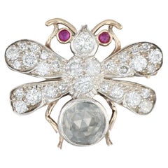 Vintage 1.55ctw Gemstone Flying Insect Brooch 10k Gold Silver Diamond Ruby