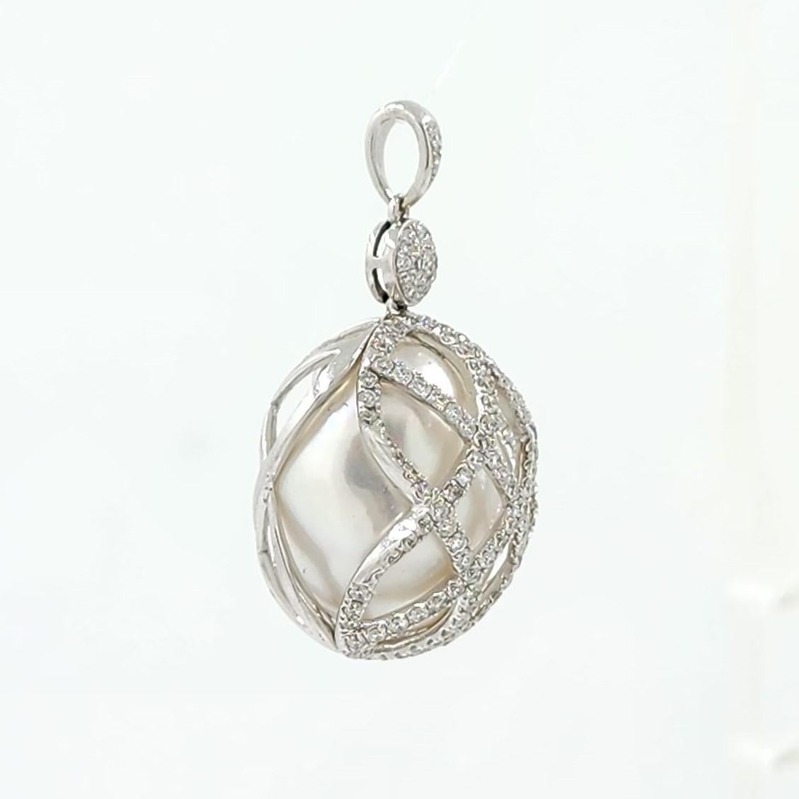 Bead Vintage 15.5mm South Sea Pearl and Diamond Pendant 18K White Gold For Sale