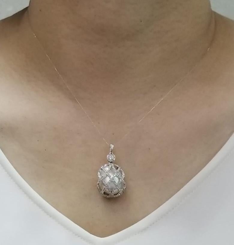 Women's Vintage 15.5mm South Sea Pearl and Diamond Pendant 18K White Gold For Sale