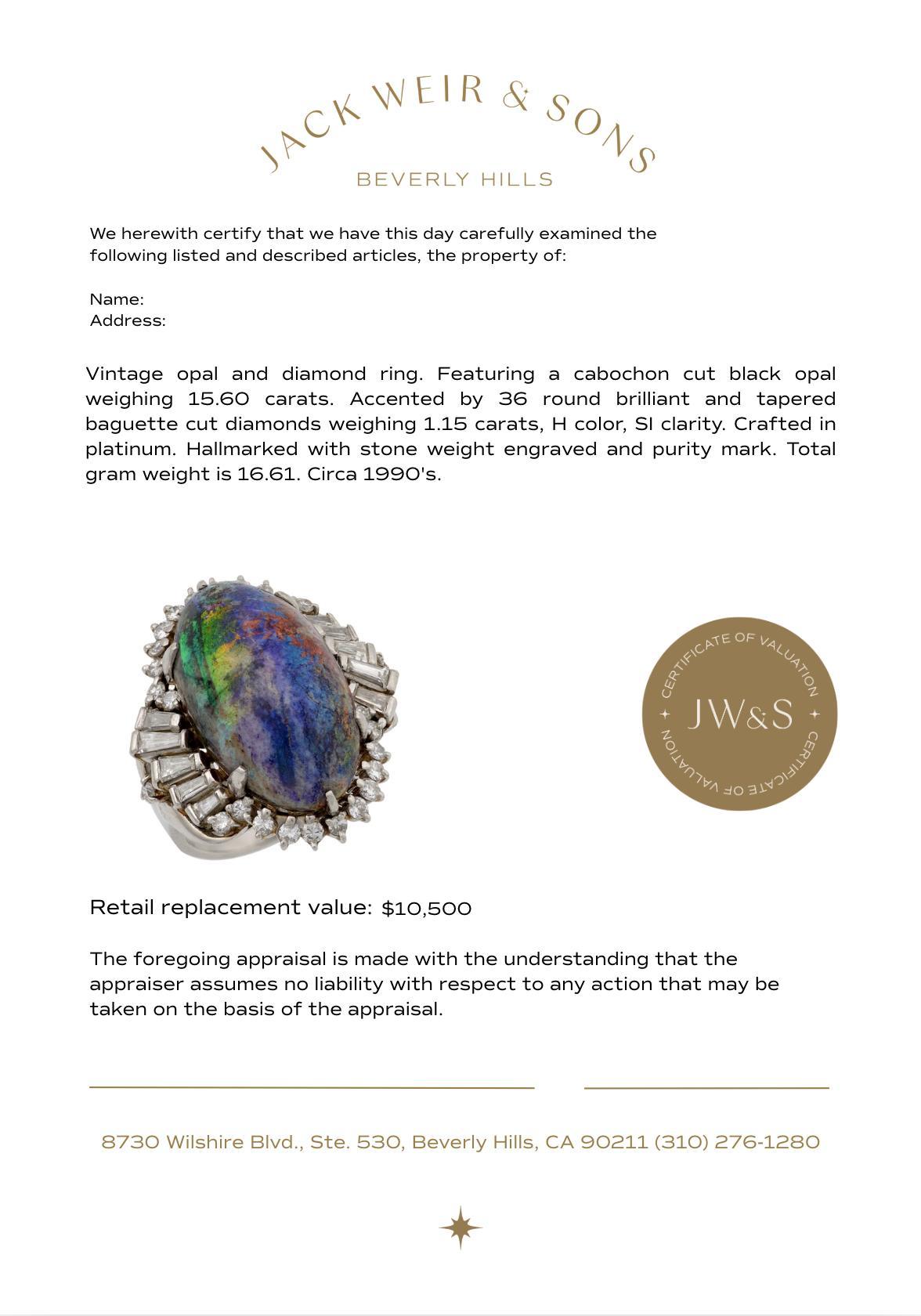 Vintage 15,60 quilates ópalo negro diamante platino anillo de cóctel en Bueno estado para la venta en Beverly Hills, CA