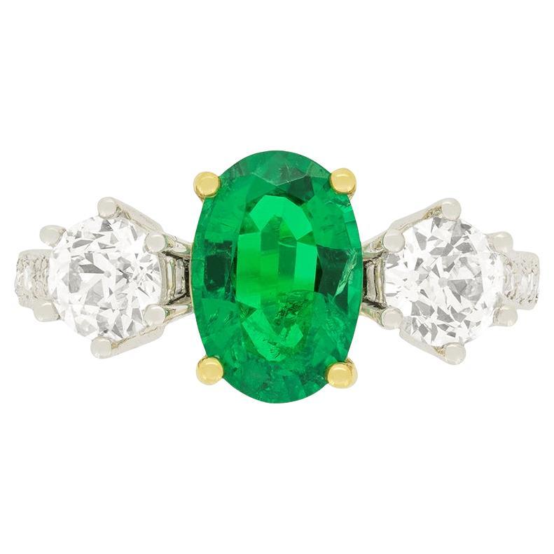 Vintage 1.56ct Emerald and Diamond Three Stone Engagement Ring, circa 1940s