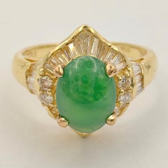 Certified Oval Cabochon Apple Green Genuine Burmese Jadeite Jade Diamond Ring