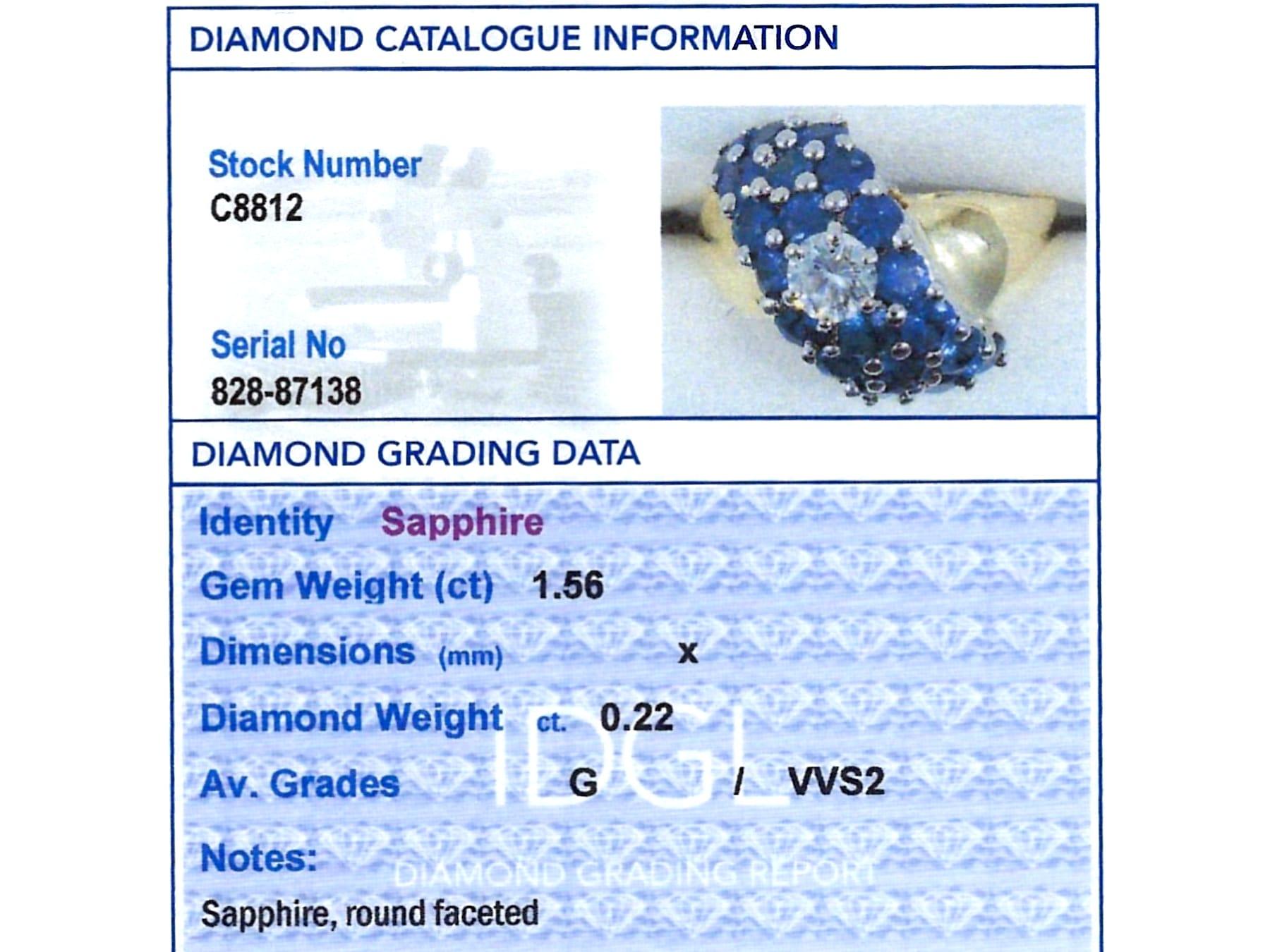 Bague vintage en or jaune 18 carats avec saphir 1,56 carat et diamant 0,22 carat, c. 1990 en vente 6