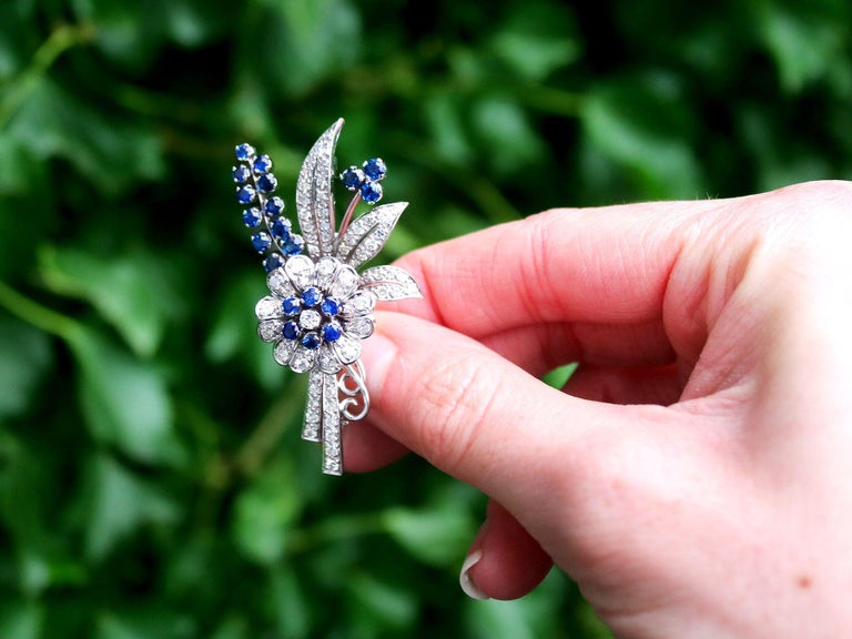 A stunning, fine and impressive vintage 1.57 carat sapphire and 1.89 carat diamond, 18 karat white gold and 14 karat white gold set spray brooch; part of our diverse antique jewelry and estate jewelry collections.

This stunning, fine and impressive