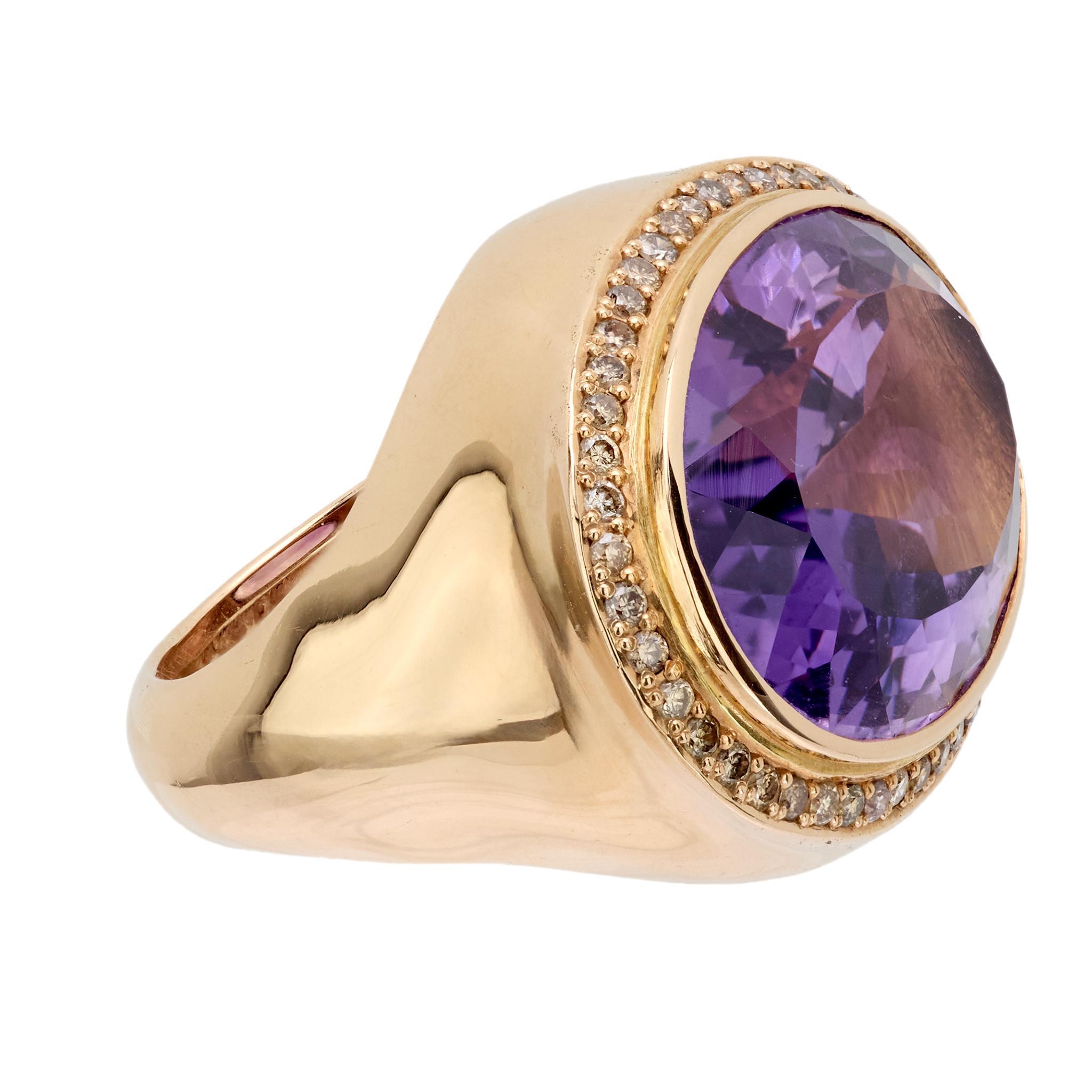 Anillo de cóctel vintage de oro rosa de 14 quilates con amatista diamante de 15,80 quilates este-oeste Moderno en venta