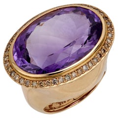 Anello cocktail d'epoca con ametista est-ovest da 15,80 carati e diamante in oro rosa 14k