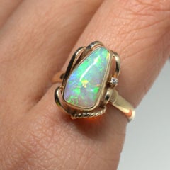 Vintage 1.5ct Solid Australian Coober Pedy White Opal Diamond 14k Gold Ring